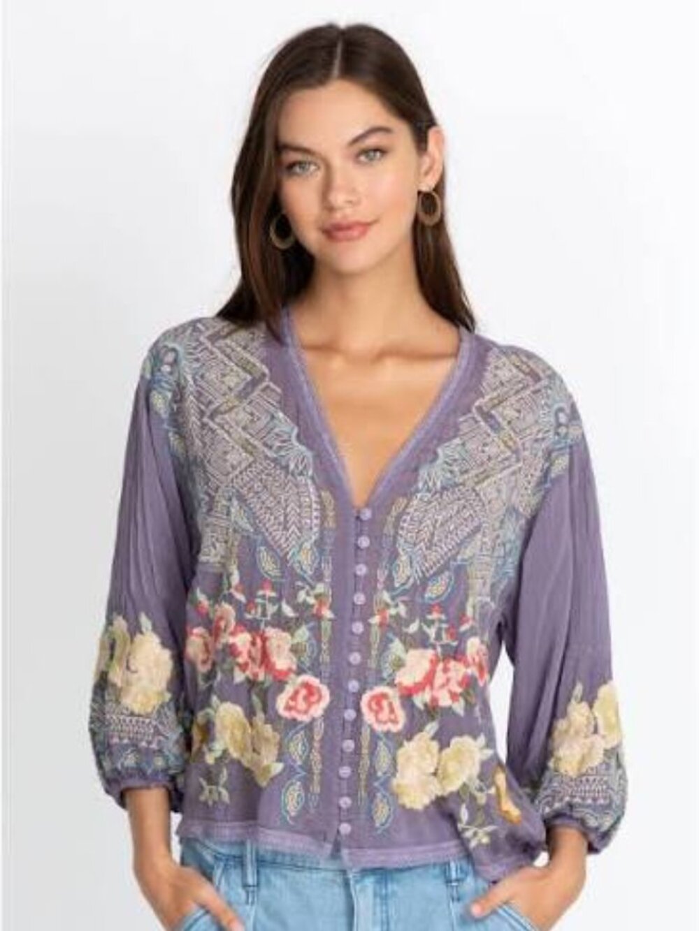 Johnny Was Castana Embroidered Blouse Purple Floral Boho Peasant Top Size M